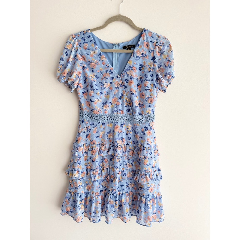 City Studio Blue Floral Clip Dot Tiered Ruffle Mini Dress Spring Junior Size 3